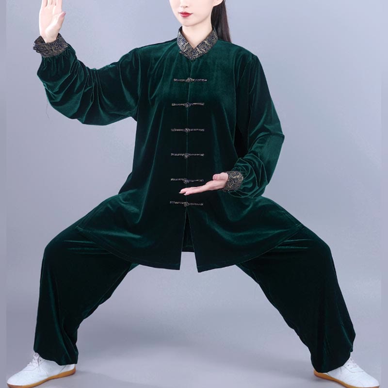 Buddha Stones 2 pezzi autunno inverno Tai Chi Qigong nuvole di buon auspicio colletto alto rana-bottoni unisex velluto meditazione abbigliamento set - SeaGreen - 3XL- ADATTO PER USA/UK/AU/UE - XL - image 15