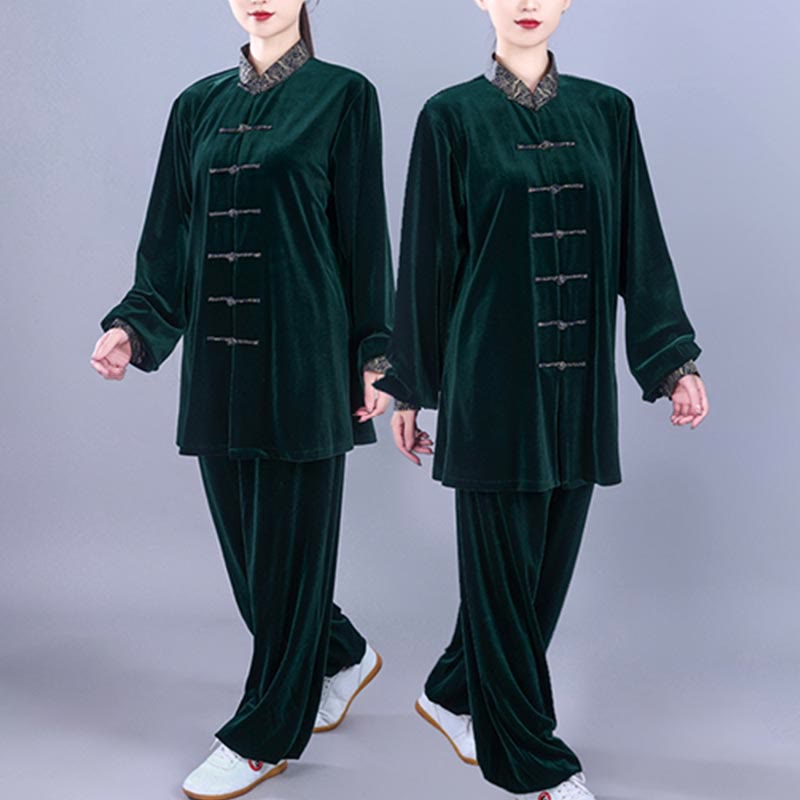 Buddha Stones 2 pezzi autunno inverno Tai Chi Qigong nuvole di buon auspicio colletto alto rana-bottoni unisex velluto meditazione abbigliamento set - image 17