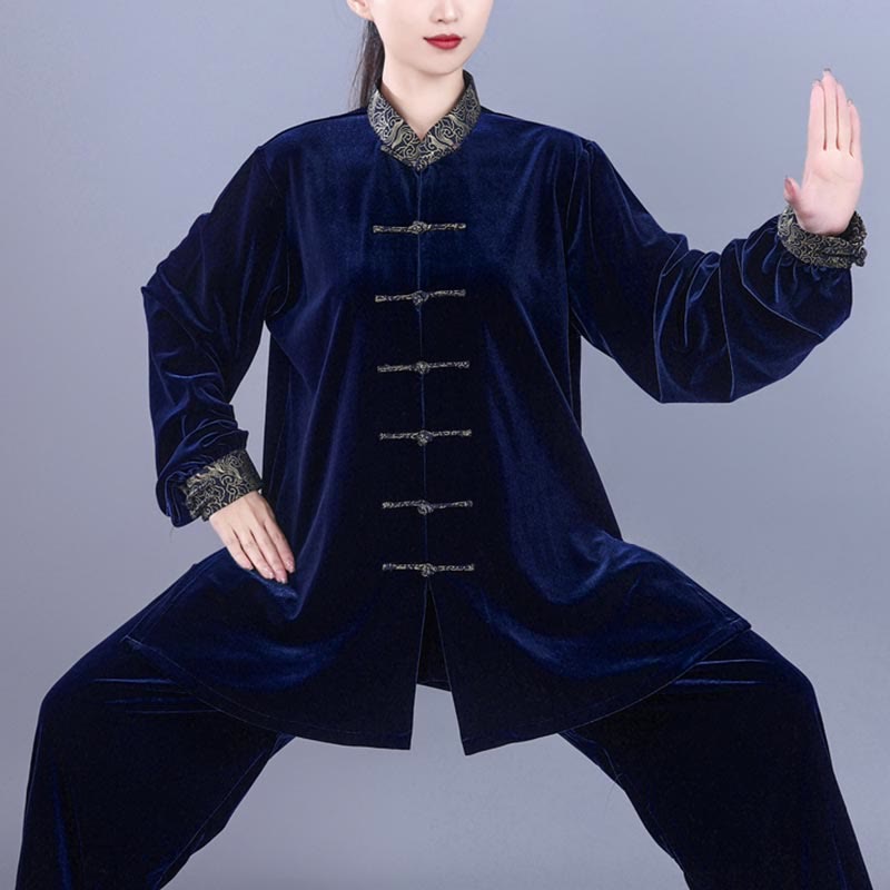 Buddha Stones 2 pezzi autunno inverno Tai Chi Qigong nuvole di buon auspicio colletto alto rana-bottoni unisex velluto meditazione abbigliamento set - image 12