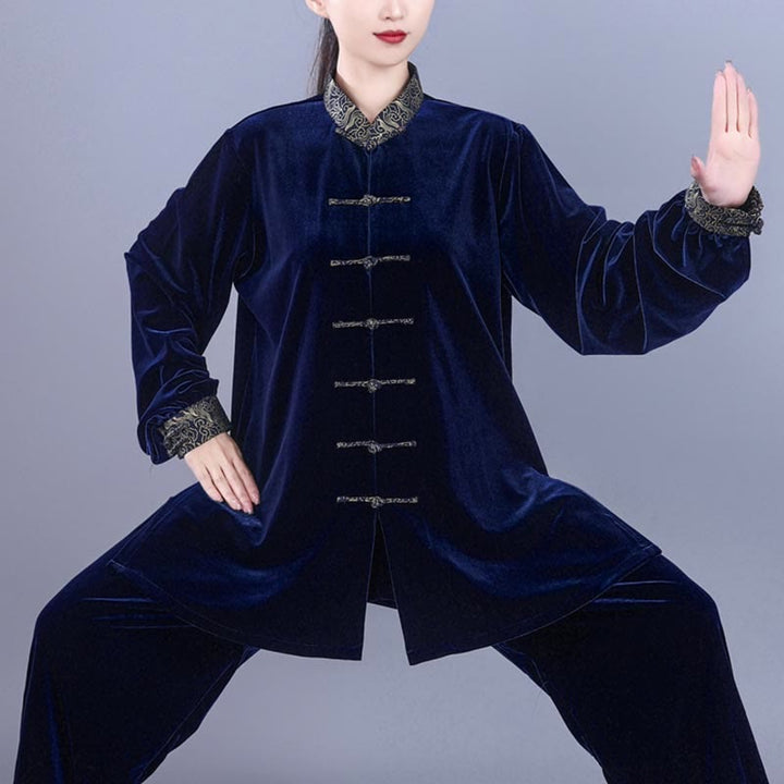 Buddha Stones 2 pezzi autunno inverno Tai Chi Qigong nuvole di buon auspicio colletto alto rana-bottoni unisex velluto meditazione abbigliamento set - image 12