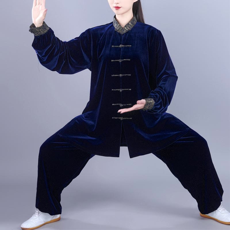 Buddha Stones 2 pezzi autunno inverno Tai Chi Qigong nuvole di buon auspicio colletto alto rana-bottoni unisex velluto meditazione abbigliamento set - Blu notte - 3XL- ADATTO PER USA/UK/AU/UE - XL - image 11