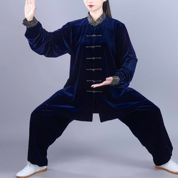 Buddha Stones 2 pezzi autunno inverno Tai Chi Qigong nuvole di buon auspicio colletto alto rana-bottoni unisex velluto meditazione abbigliamento set - Blu notte - 3XL- ADATTO PER USA/UK/AU/UE - XL - image 11