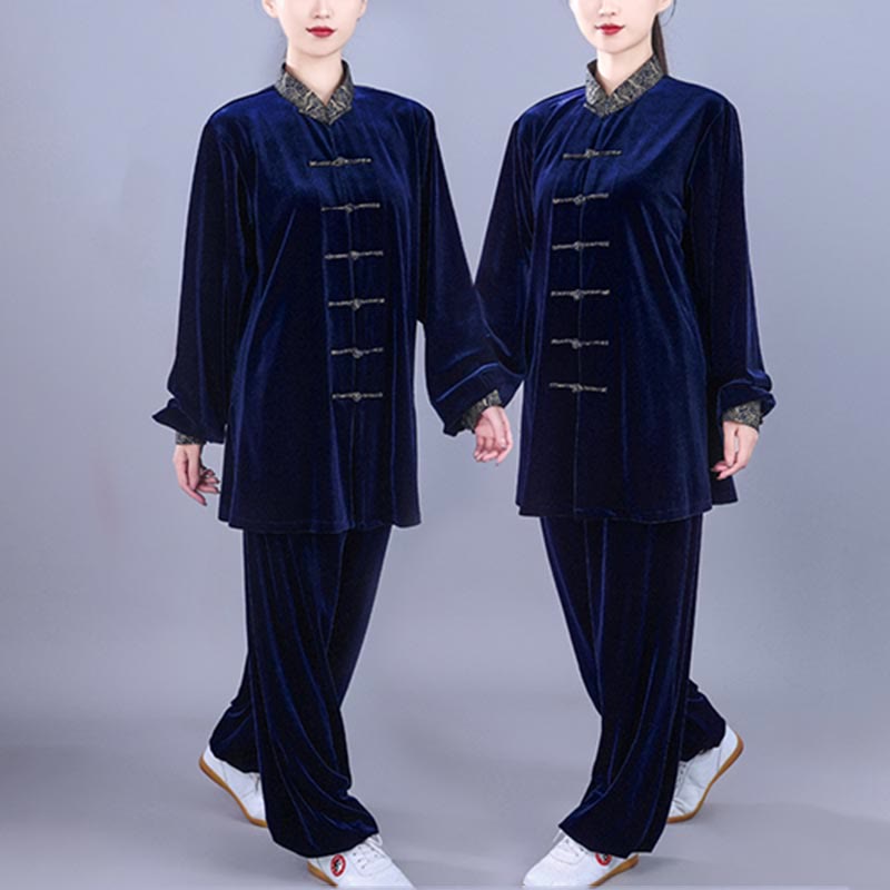 Buddha Stones 2 pezzi autunno inverno Tai Chi Qigong nuvole di buon auspicio colletto alto rana-bottoni unisex velluto meditazione abbigliamento set - image 13