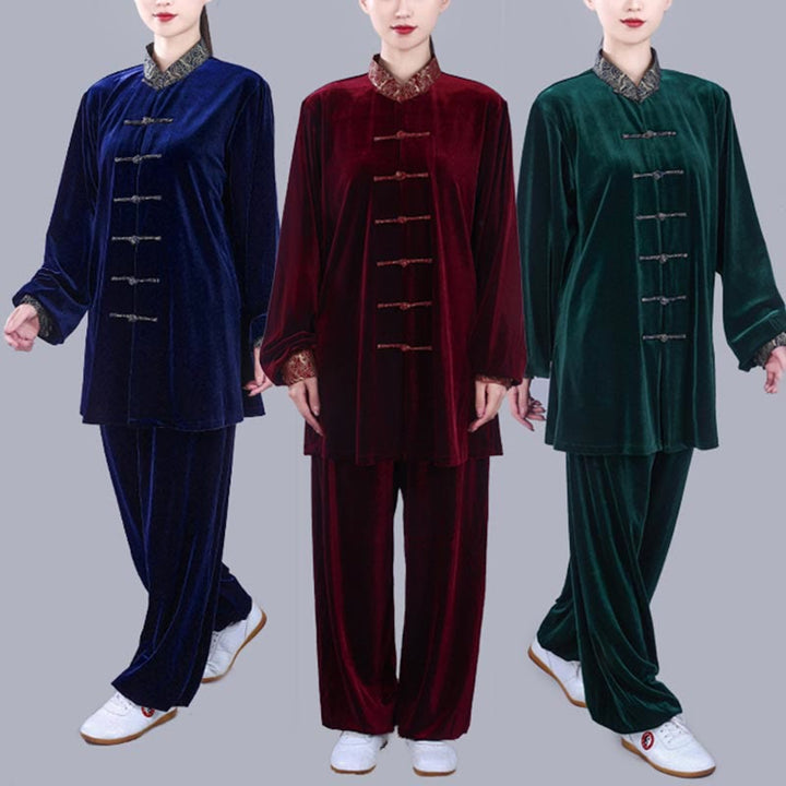 Buddha Stones 2 pezzi autunno inverno Tai Chi Qigong nuvole di buon auspicio colletto alto rana-bottoni unisex velluto meditazione abbigliamento set - image 1