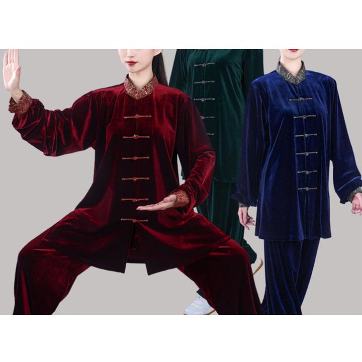Buddha Stones 2 pezzi autunno inverno Tai Chi Qigong nuvole di buon auspicio colletto alto rana-bottoni unisex velluto meditazione abbigliamento set - image 21