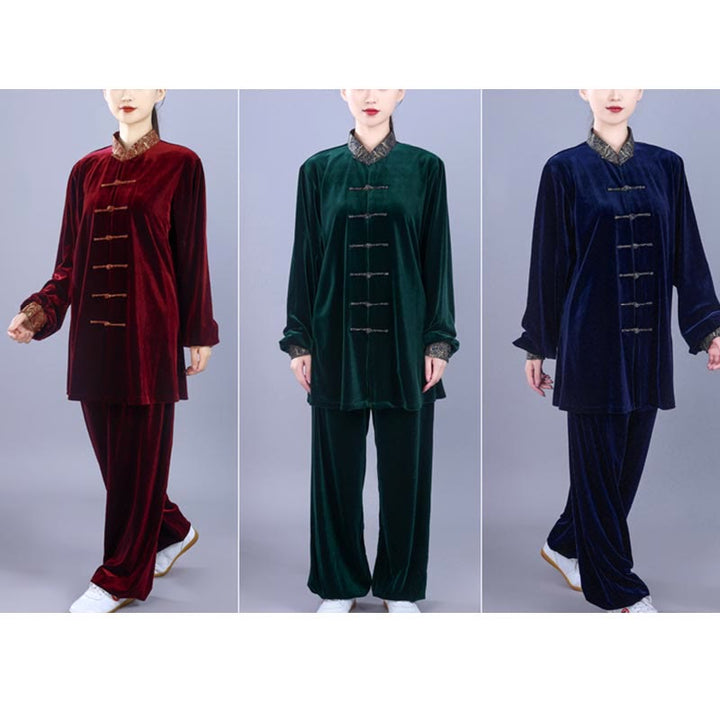 Buddha Stones 2 pezzi autunno inverno Tai Chi Qigong nuvole di buon auspicio colletto alto rana-bottoni unisex velluto meditazione abbigliamento set - image 22