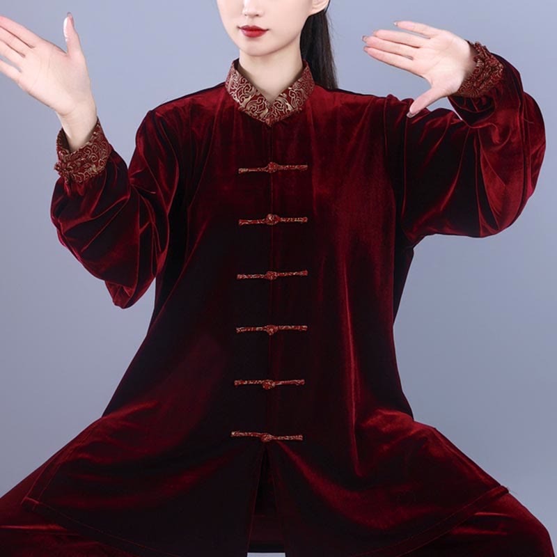 Buddha Stones 2 pezzi autunno inverno Tai Chi Qigong nuvole di buon auspicio colletto alto rana-bottoni unisex velluto meditazione abbigliamento set - image 2