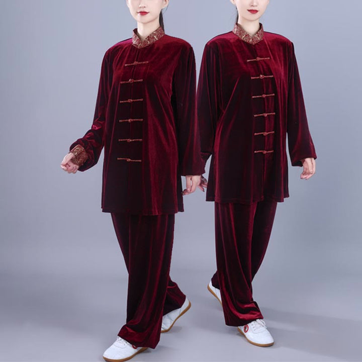 Buddha Stones 2 pezzi autunno inverno Tai Chi Qigong nuvole di buon auspicio colletto alto rana-bottoni unisex velluto meditazione abbigliamento set - image 3