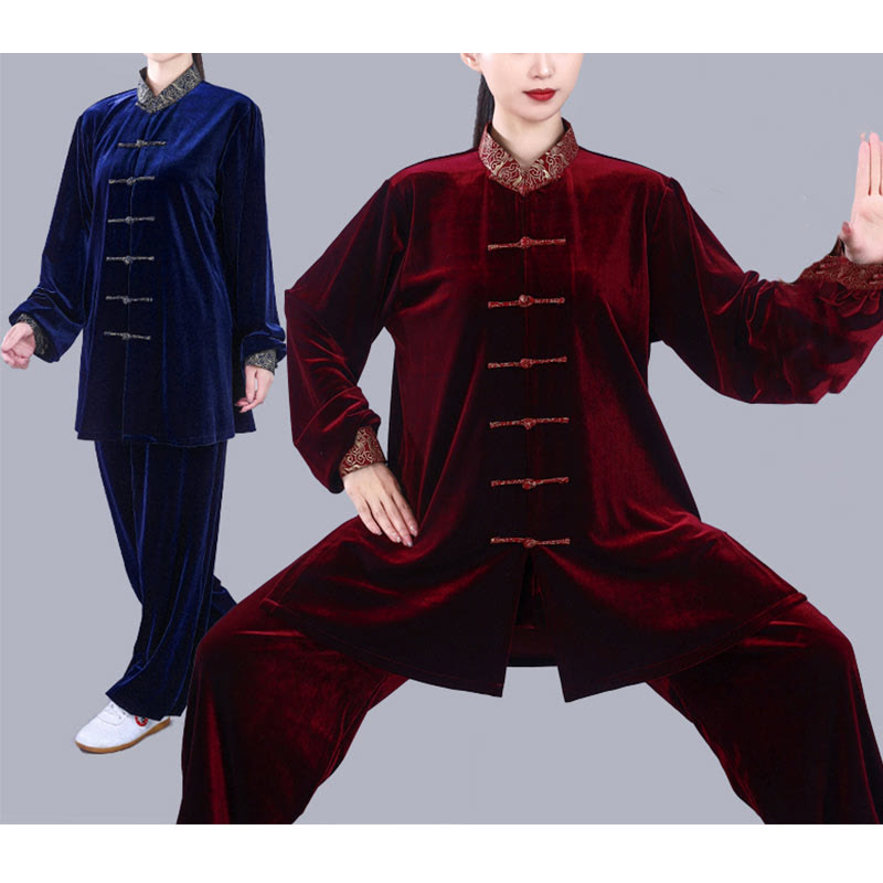 Buddha Stones 2 pezzi autunno inverno Tai Chi Qigong nuvole di buon auspicio colletto alto rana-bottoni unisex velluto meditazione abbigliamento set - image 20