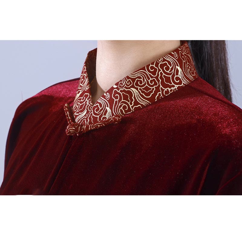 Buddha Stones 2 pezzi autunno inverno Tai Chi Qigong nuvole di buon auspicio colletto alto rana-bottoni unisex velluto meditazione abbigliamento set - image 5