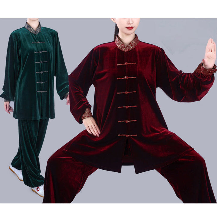 Buddha Stones 2 pezzi autunno inverno Tai Chi Qigong nuvole di buon auspicio colletto alto rana-bottoni unisex velluto meditazione abbigliamento set - image 19