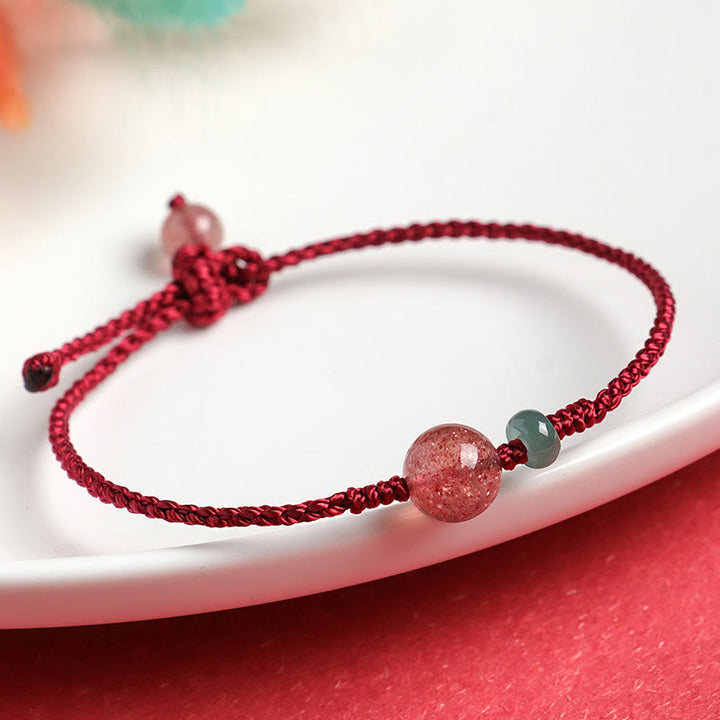Braccialetto positivo in corda rossa con agata bianca, giada e quarzo fragola naturale Buddha Stones