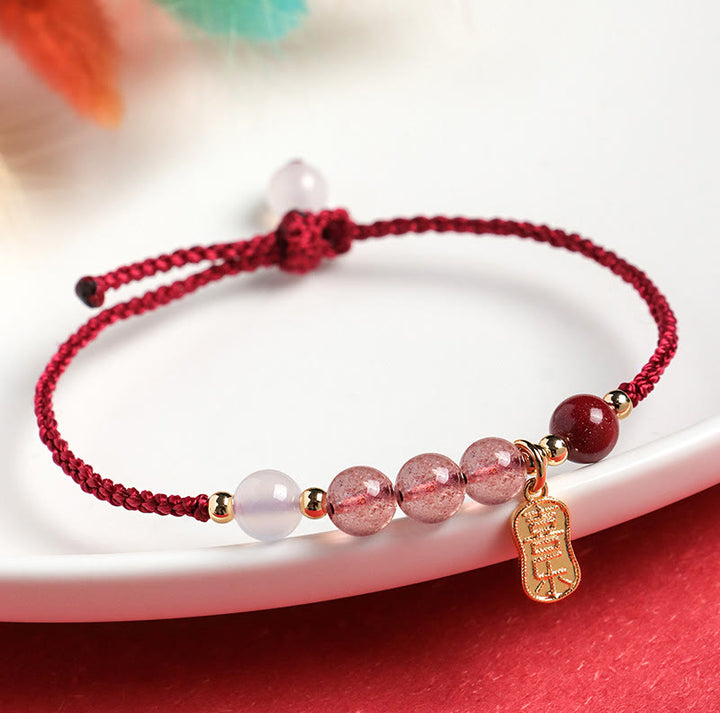 Braccialetto positivo in corda rossa con agata bianca, giada e quarzo fragola naturale Buddha Stones