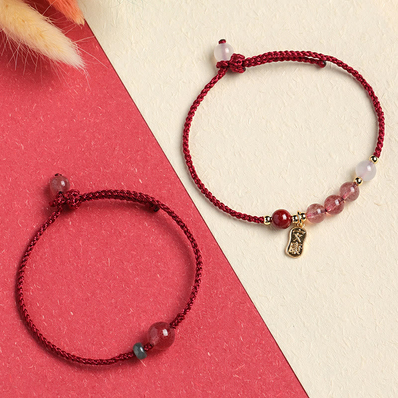 Braccialetto positivo in corda rossa con agata bianca, giada e quarzo fragola naturale Buddha Stones