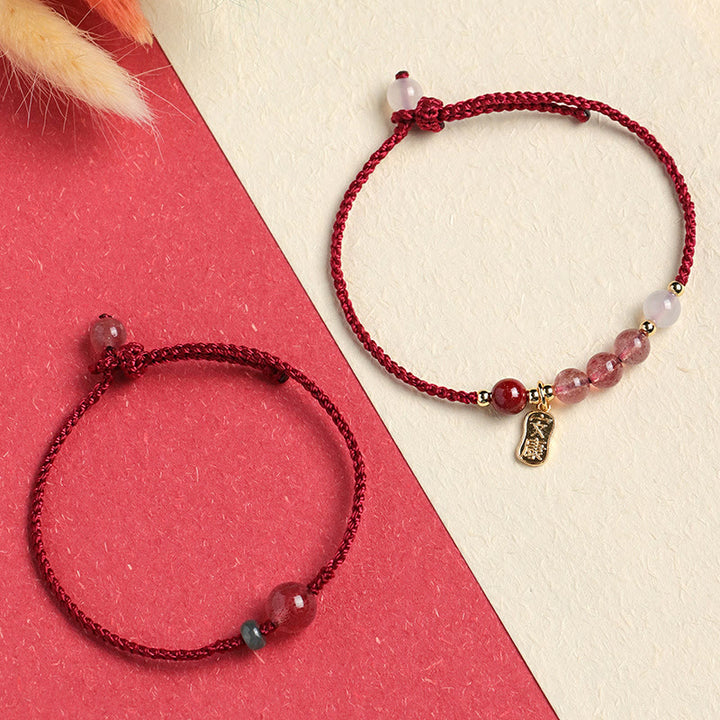 Braccialetto positivo in corda rossa con agata bianca, giada e quarzo fragola naturale Buddha Stones