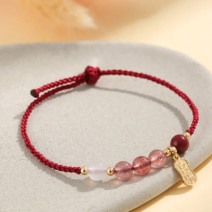 Braccialetto positivo in corda rossa con agata bianca, giada e quarzo fragola naturale Buddha Stones