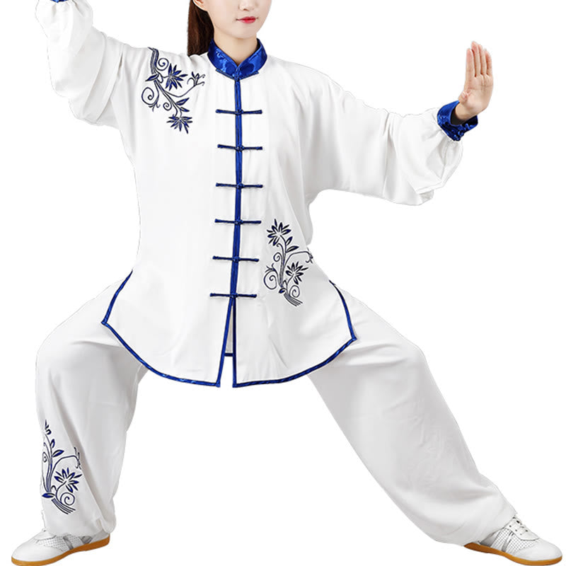 Buddha Stones 2 pezzi autunno blu ricamo fiori rana-bottone Tai Chi meditazione Qigong Zen pratica unisex cotone abbigliamento set