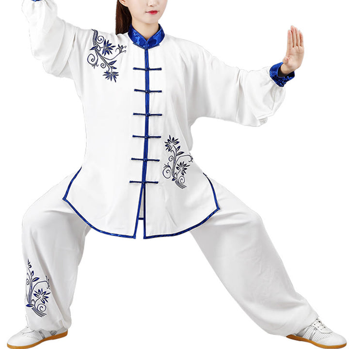 Buddha Stones 2 pezzi autunno blu ricamo fiori rana-bottone Tai Chi meditazione Qigong Zen pratica unisex cotone abbigliamento set