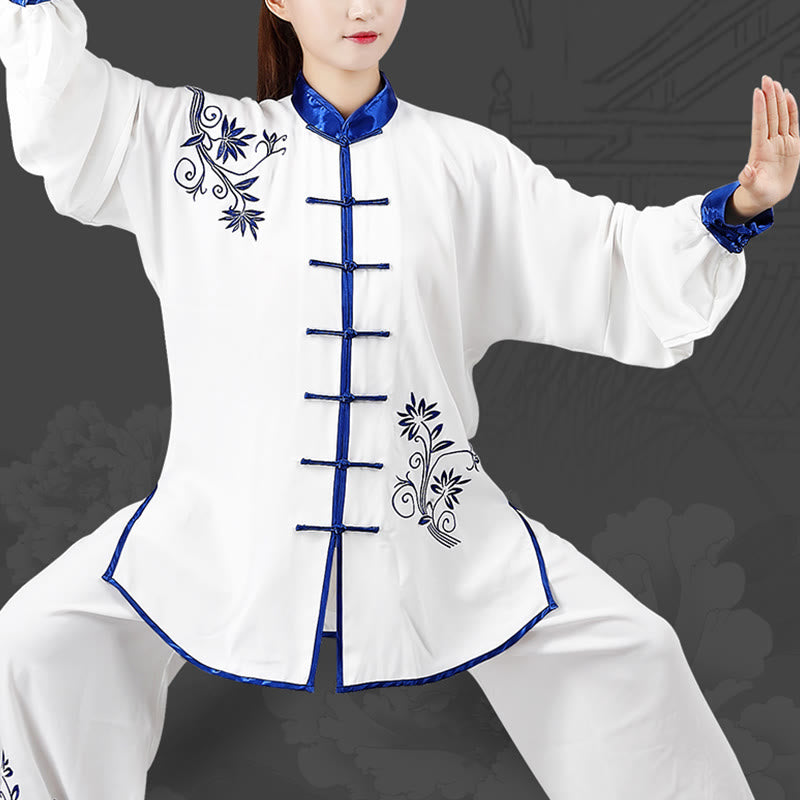 Buddha Stones 2 pezzi autunno blu ricamo fiori rana-bottone Tai Chi meditazione Qigong Zen pratica unisex cotone abbigliamento set