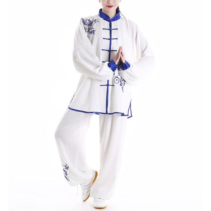 Buddha Stones 2 pezzi autunno blu ricamo fiori rana-bottone Tai Chi meditazione Qigong Zen pratica unisex cotone abbigliamento set