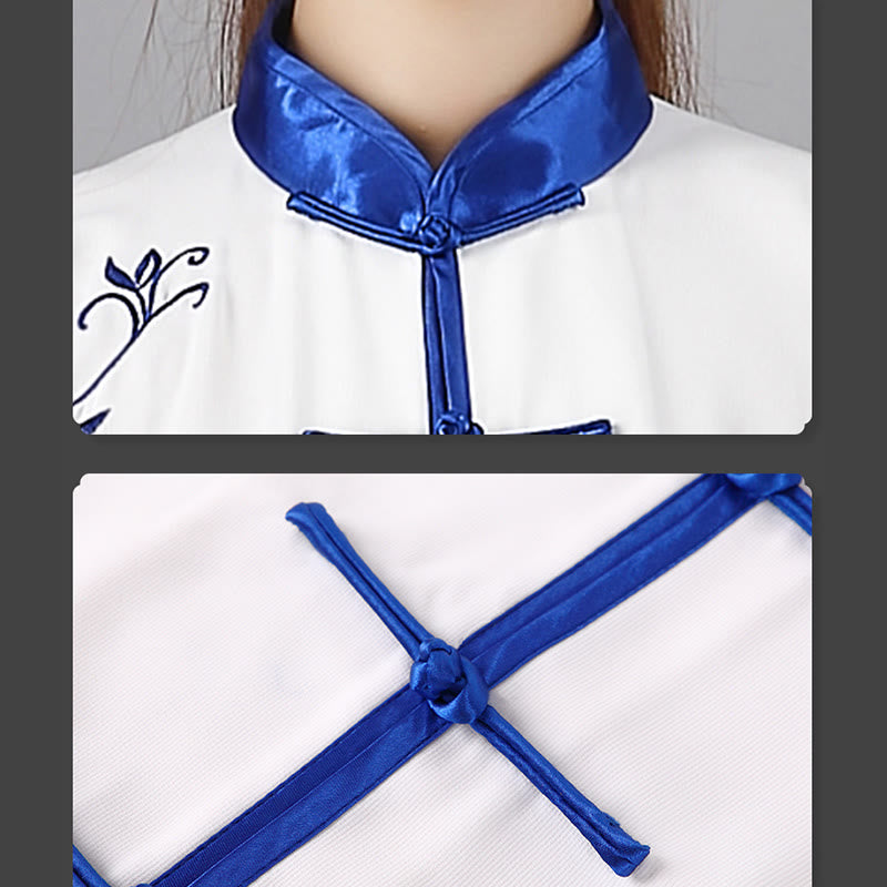 Buddha Stones 2 pezzi autunno blu ricamo fiori rana-bottone Tai Chi meditazione Qigong Zen pratica unisex cotone abbigliamento set