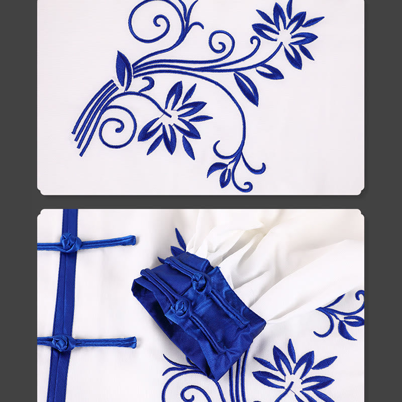 Buddha Stones 2 pezzi autunno blu ricamo fiori rana-bottone Tai Chi meditazione Qigong Zen pratica unisex cotone abbigliamento set