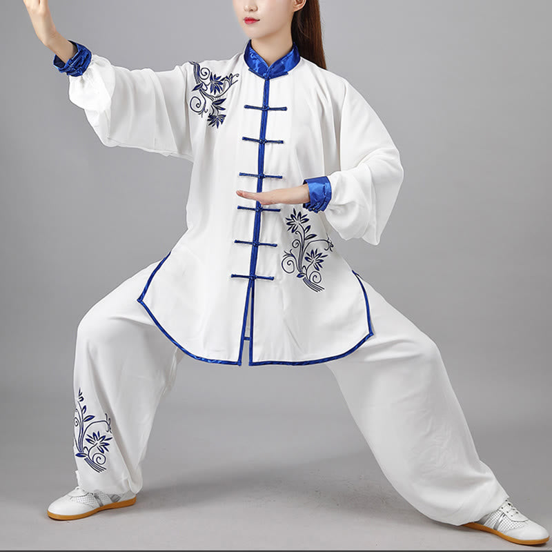 Buddha Stones 2 pezzi autunno blu ricamo fiori rana-bottone Tai Chi meditazione Qigong Zen pratica unisex cotone abbigliamento set