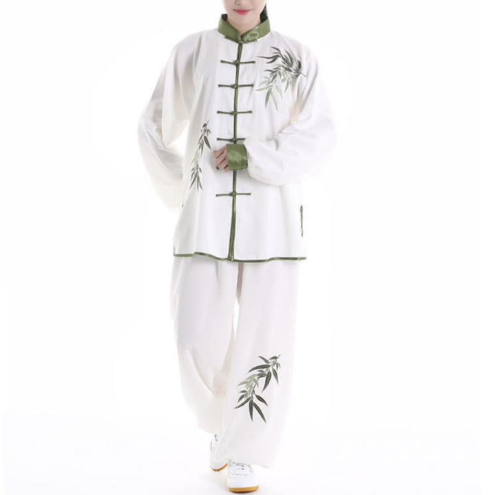 Buddha Stones 2 pezzi Foglie di bambù verde autunnale Ricamo Rana-bottone Tai Chi Meditazione Qigong Zen Pratica Set di abbigliamento unisex in cotone