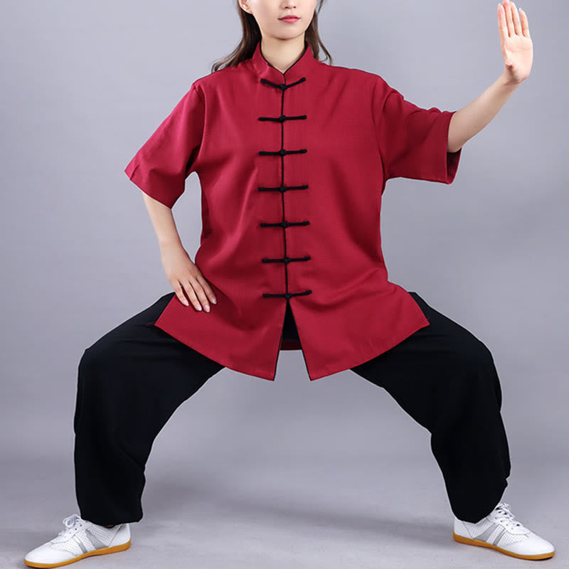 Buddha Stones 2 pezzi autunno inverno rana-bottone Tai Chi meditazione Qigong Zen pratica unisex cotone lino abbigliamento set - Manica corta rosso vino - 3XL- ADATTO PER USA/UK/AU/UE - XL - image 11