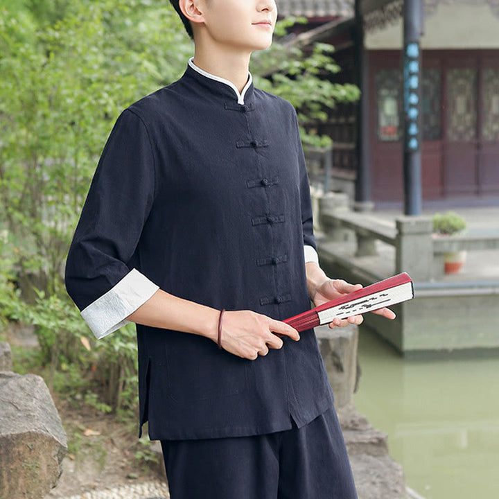 Buddha Stones 2 pezzi autunno uomo Tang Suit Frog-Bottone cotone tre quarti manica camicia pantaloni set