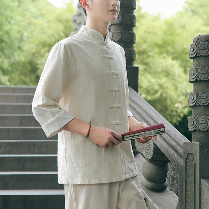 Buddha Stones 2 pezzi autunno uomo Tang Suit Frog-Bottone cotone tre quarti manica camicia pantaloni set