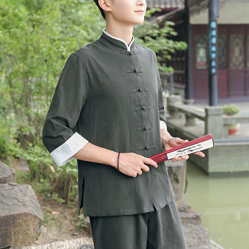 Buddha Stones 2 pezzi autunno uomo Tang Suit Frog-Bottone cotone tre quarti manica camicia pantaloni set