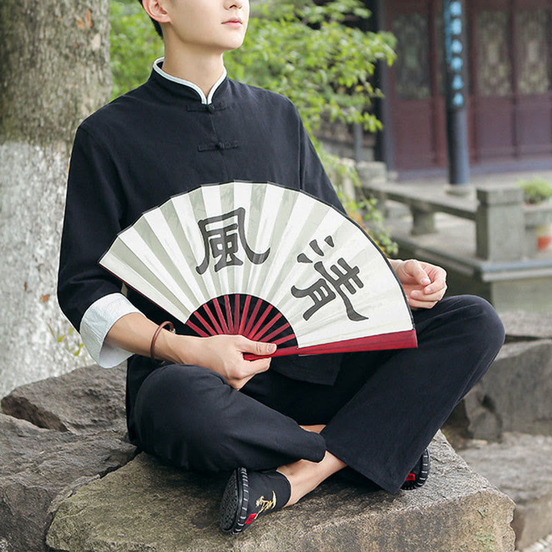 Buddha Stones 2 pezzi autunno uomo Tang Suit Frog-Bottone cotone tre quarti manica camicia pantaloni set