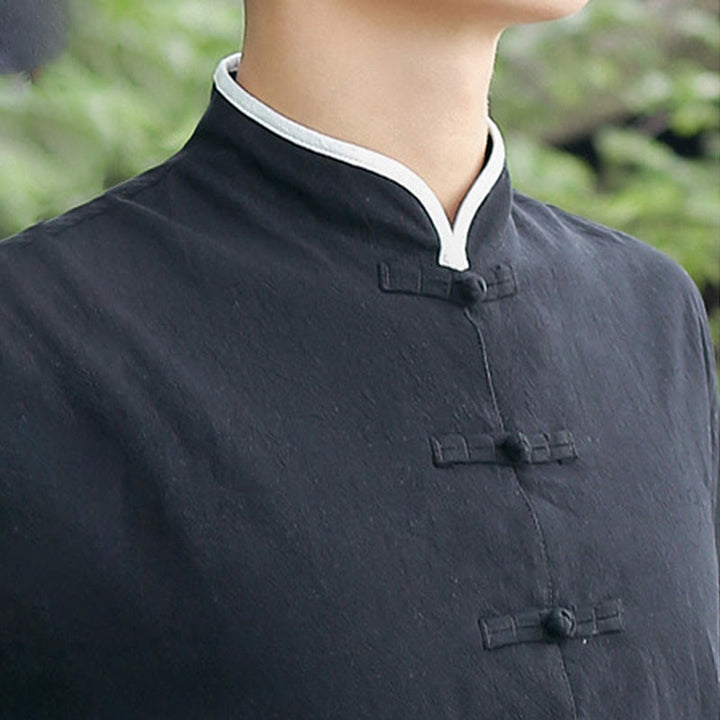 Buddha Stones 2 pezzi autunno uomo Tang Suit Frog-Bottone cotone tre quarti manica camicia pantaloni set