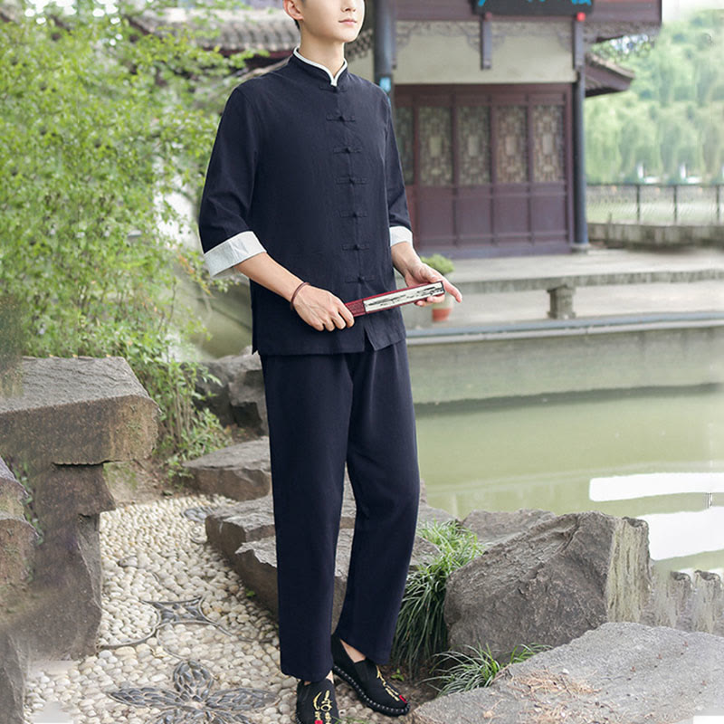 Buddha Stones 2 pezzi autunno uomo Tang Suit Frog-Bottone cotone tre quarti manica camicia pantaloni set