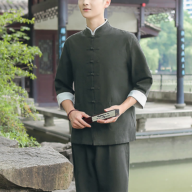 Buddha Stones 2 pezzi autunno uomo Tang Suit Frog-Bottone cotone tre quarti manica camicia pantaloni set