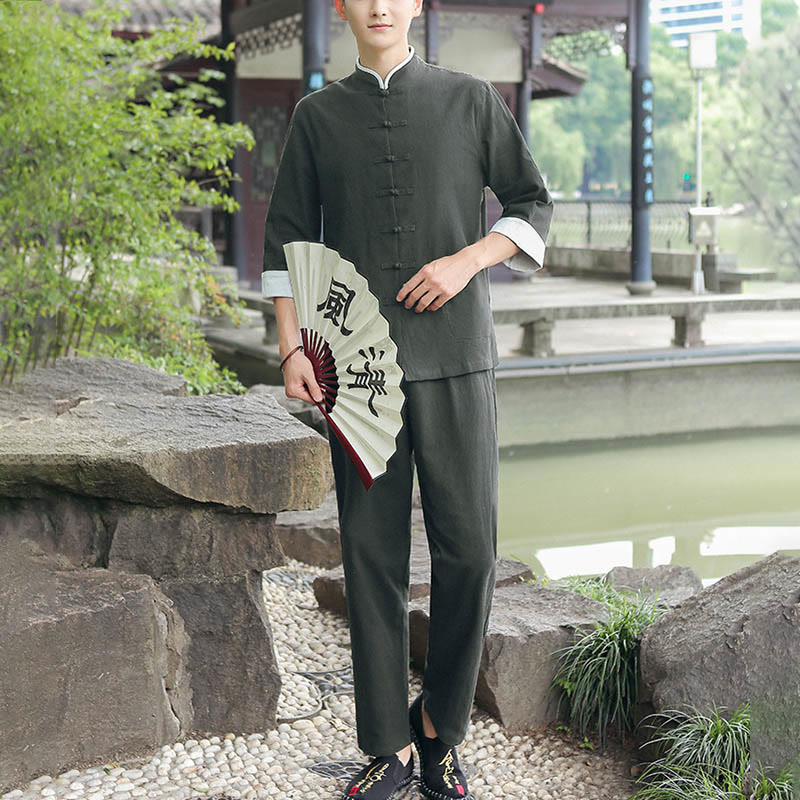 Buddha Stones 2 pezzi autunno uomo Tang Suit Frog-Bottone cotone tre quarti manica camicia pantaloni set