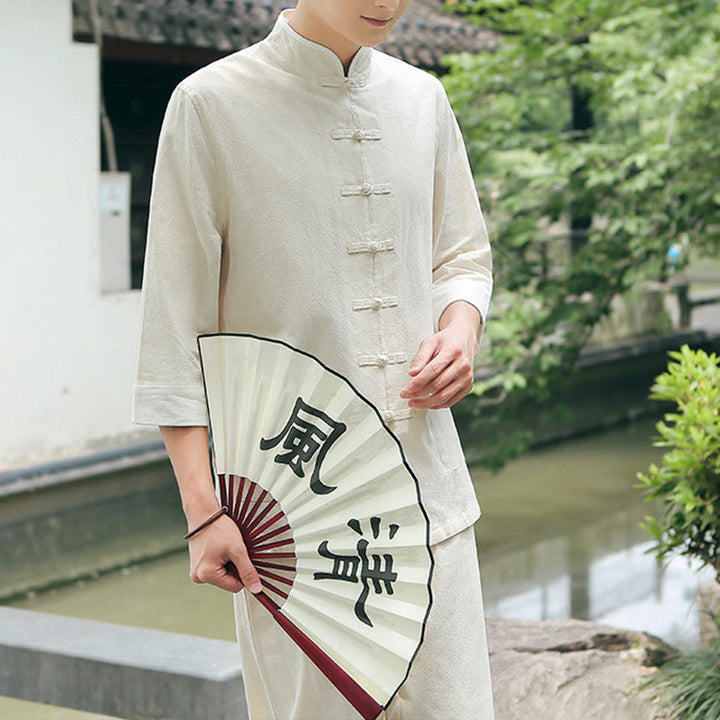 Buddha Stones 2 pezzi autunno uomo Tang Suit Frog-Bottone cotone tre quarti manica camicia pantaloni set