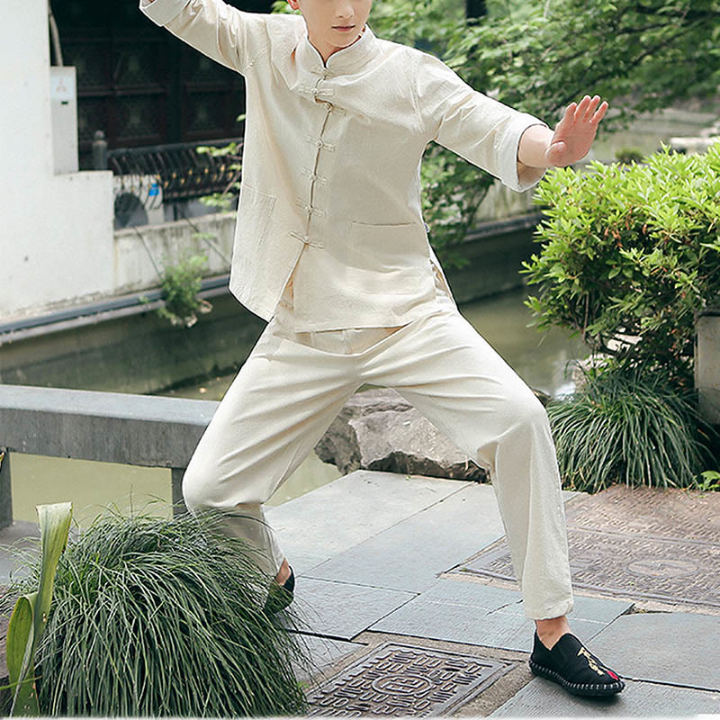 Buddha Stones 2 pezzi autunno uomo Tang Suit Frog-Bottone cotone tre quarti manica camicia pantaloni set