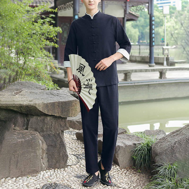 Buddha Stones 2 pezzi autunno uomo Tang Suit Frog-Bottone cotone tre quarti manica camicia pantaloni set