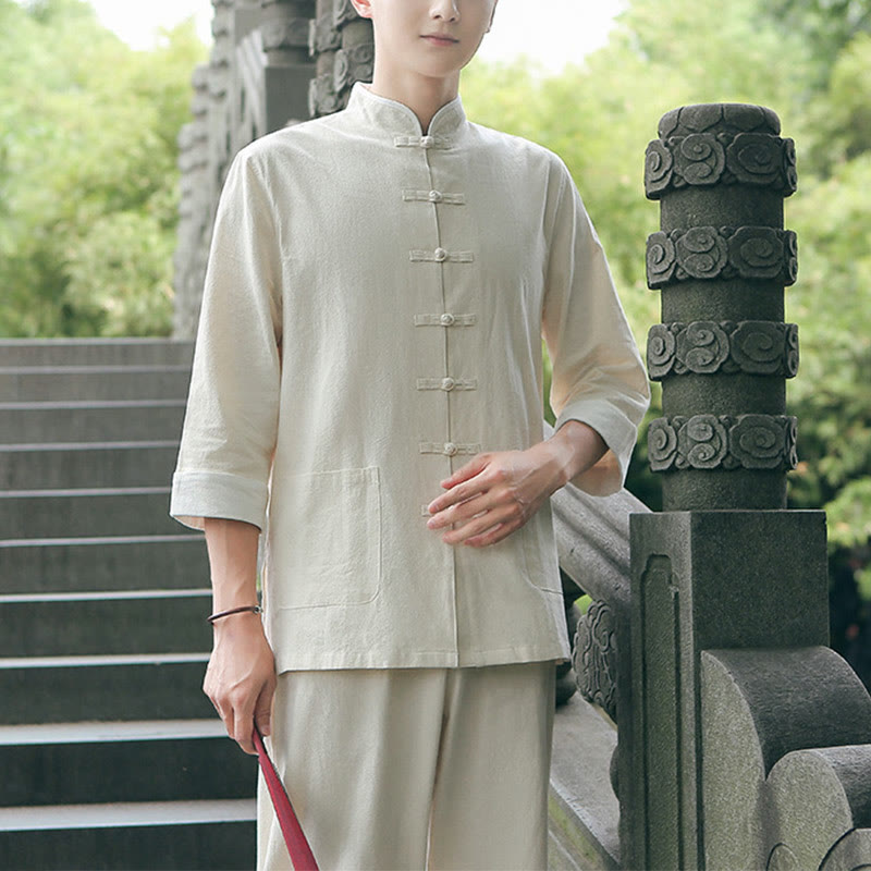 Buddha Stones 2 pezzi autunno uomo Tang Suit Frog-Bottone cotone tre quarti manica camicia pantaloni set