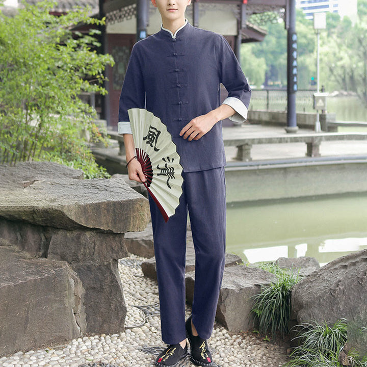 Buddha Stones 2 pezzi autunno uomo Tang Suit Frog-Bottone cotone tre quarti manica camicia pantaloni set