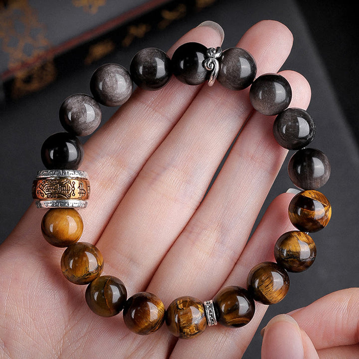 Buddha Stones Argento Naturale Lucentezza Ossidiana Occhio di Tigre Sei Vere Parole 'om Mani Padme Hum' Braccialetto della Forza