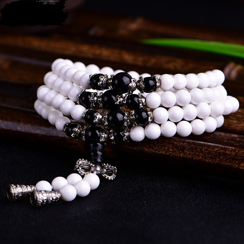 Buddha Stones 108 Mala Beads Porcellana bianca Sei parole vere 'Om Mani Padme Hum' Bracciale della pazienza