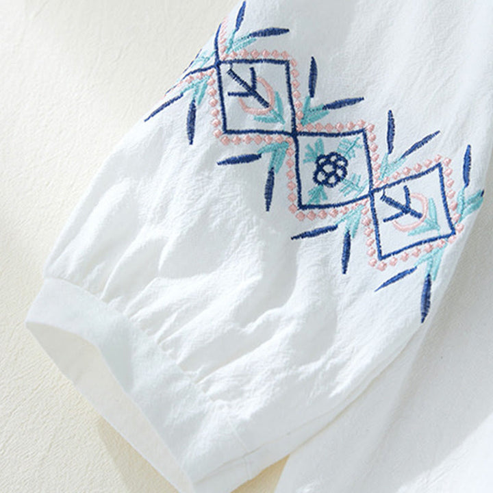 Camicie da donna in lino di cotone con bottoni a manica lunga con ricamo geometrico Buddha Stones