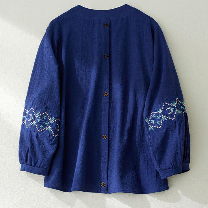 Camicie da donna in lino di cotone con bottoni a manica lunga con ricamo geometrico Buddha Stones