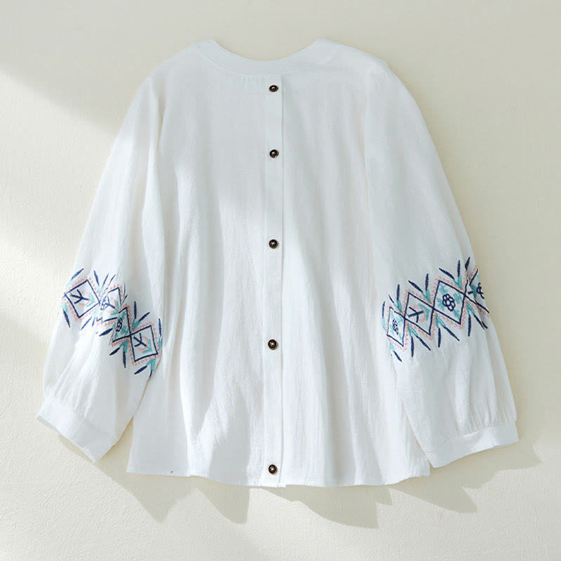 Camicie da donna in lino di cotone con bottoni a manica lunga con ricamo geometrico Buddha Stones