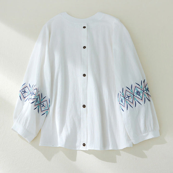 Camicie da donna in lino di cotone con bottoni a manica lunga con ricamo geometrico Buddha Stones