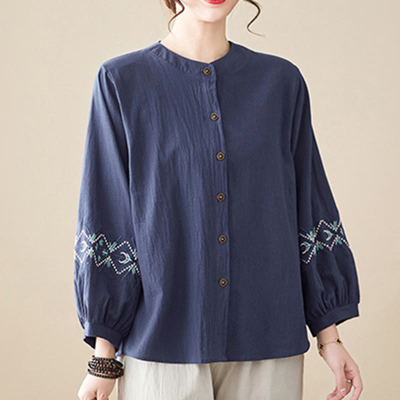 Camicie da donna in lino di cotone con bottoni a manica lunga con ricamo geometrico Buddha Stones