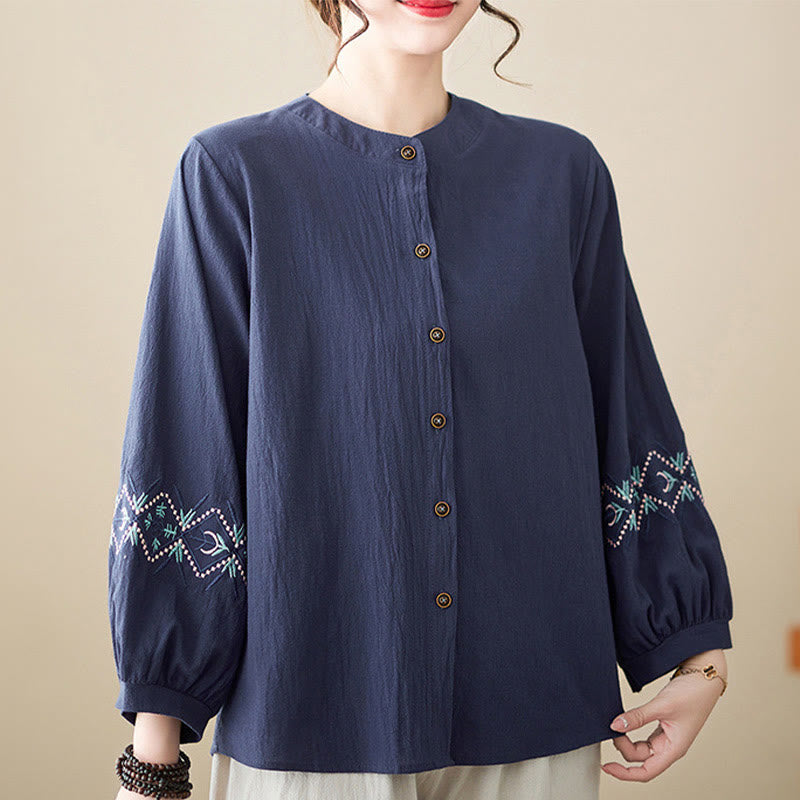 Camicie da donna in lino di cotone con bottoni a manica lunga con ricamo geometrico Buddha Stones